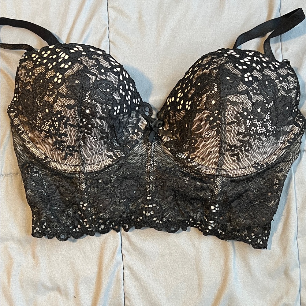 Victoria's Secret Black Lace Longline Bra with Floral Design
